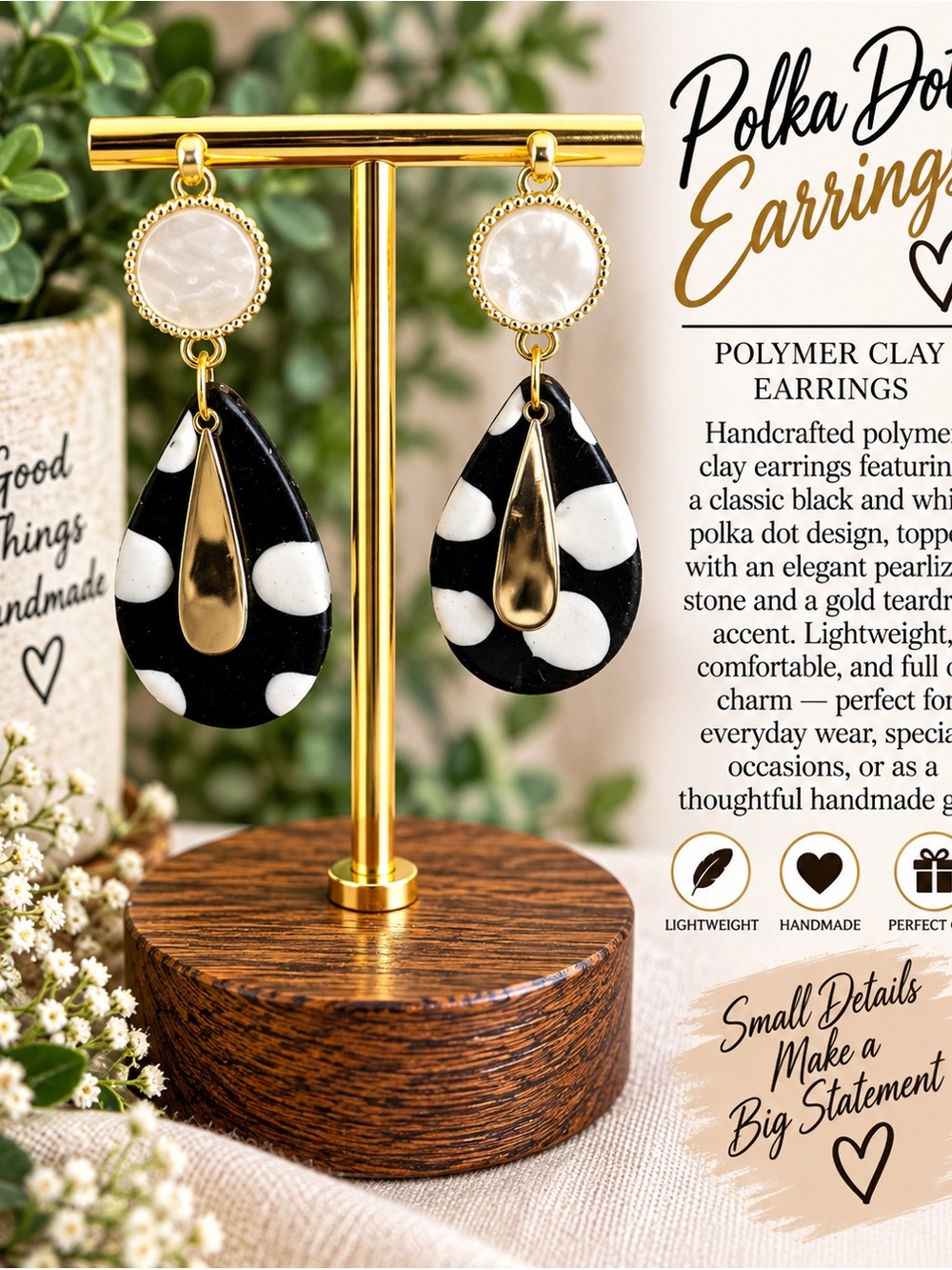 Handmade Black & White Polka Dot Teardrop Earrings with Gold Accents